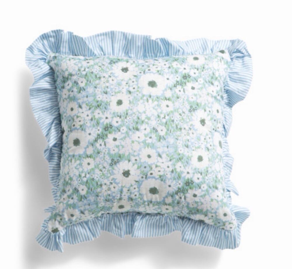 NWT Moss & Willow 16"x16" Blue&Green Floral Print Striped Ruffle Throw Pillow